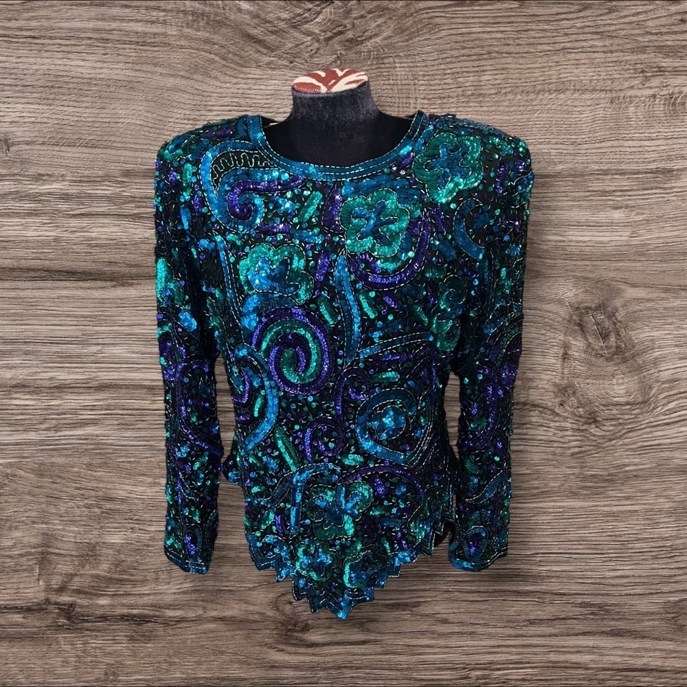 Laurence Kozar NY Vintage 80s Beaded Sequined 100% Silk Multicolored Top XL